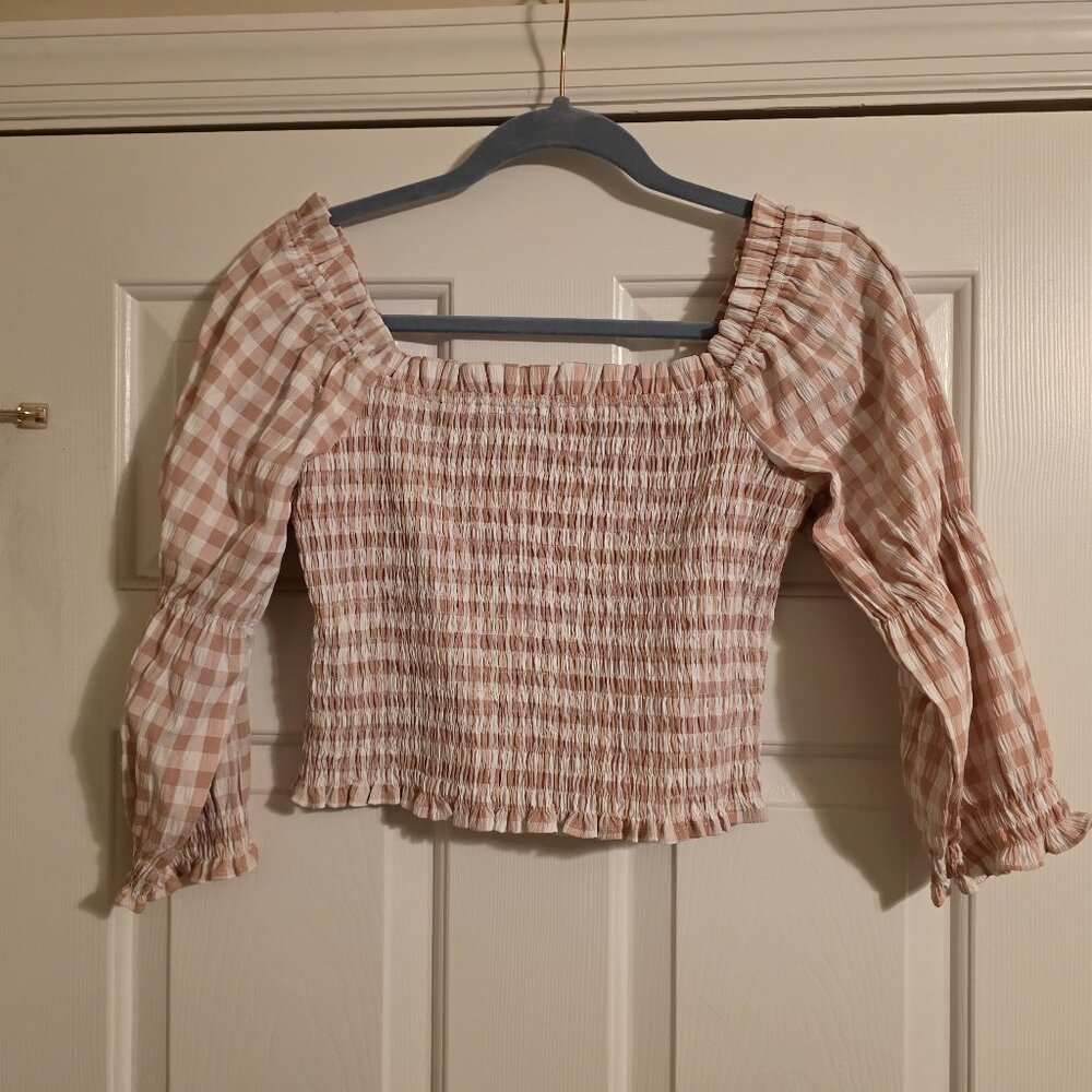 Francesca's Mi Ami Pink & White Gingham Smocked Puff Sleeve Crop Top - Large
